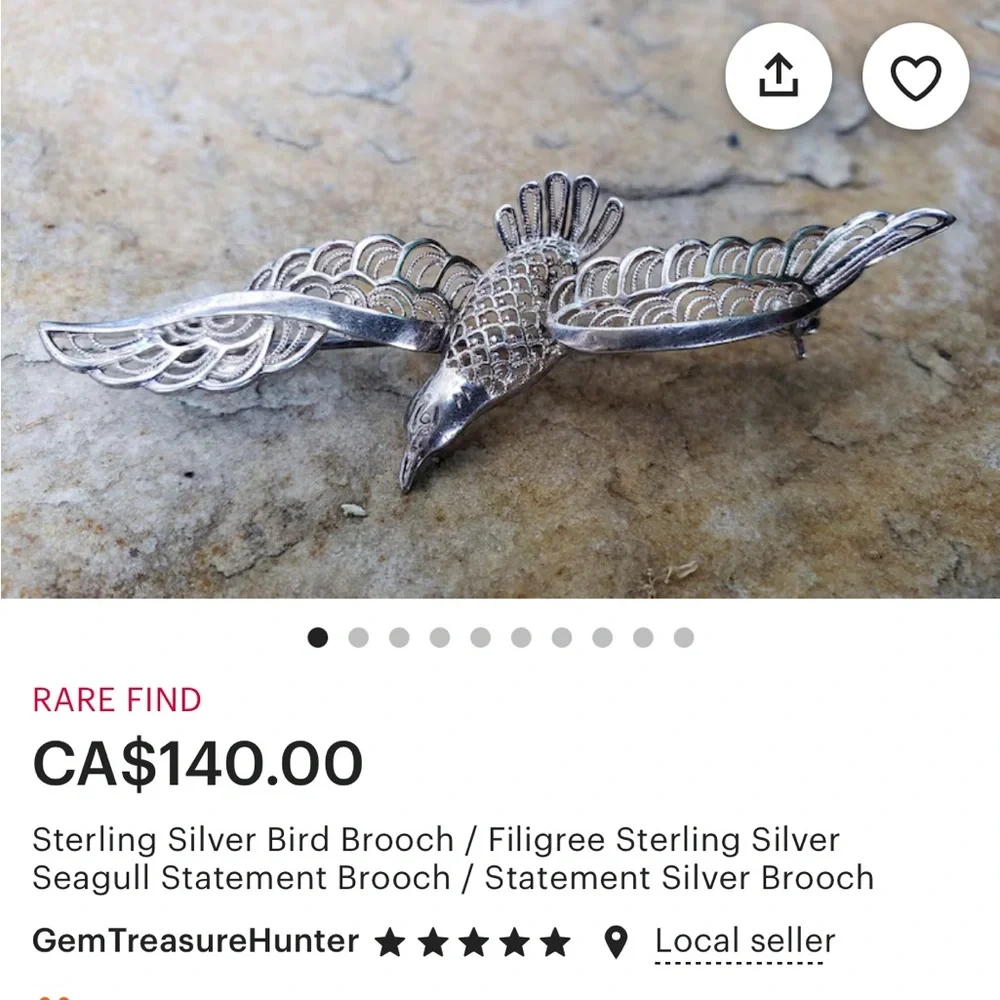 Vintage 1960 filigree seagull silver brooch-RARE - Picture 4 of 13